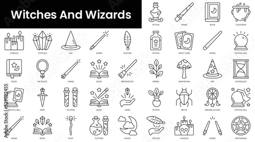 Set of outline witches and wizards icons. Minimalist thin linear web icons bundle. vector illustration.