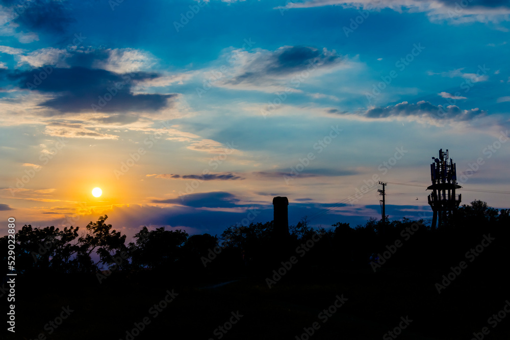 Sunset in Balatonkenese with a lookout transmission tower