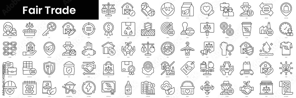 Set of outline fair trade icons. Minimalist thin linear web icons bundle. vector illustration.