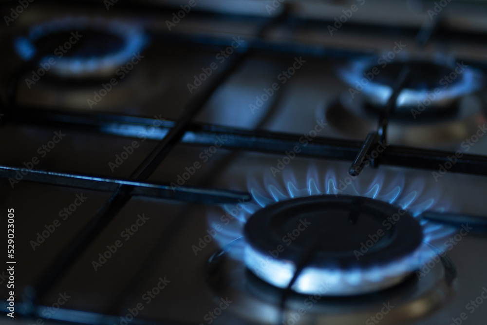 Burning gas, gas stove burner in the kitchen. Gas crisis, rising gas prices. Burning gas, gas stove burner in the kitchen. Gas crisis, rising gas prices.