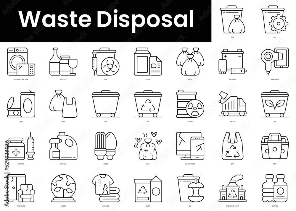 Set of outline waste disposal icons. Minimalist thin linear web icons bundle. vector illustration.