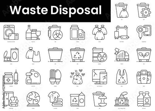 Set of outline waste disposal icons. Minimalist thin linear web icons bundle. vector illustration.