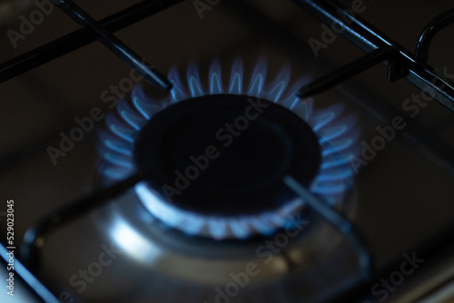 Burning gas, gas stove burner in the kitchen. Gas crisis, rising gas prices.