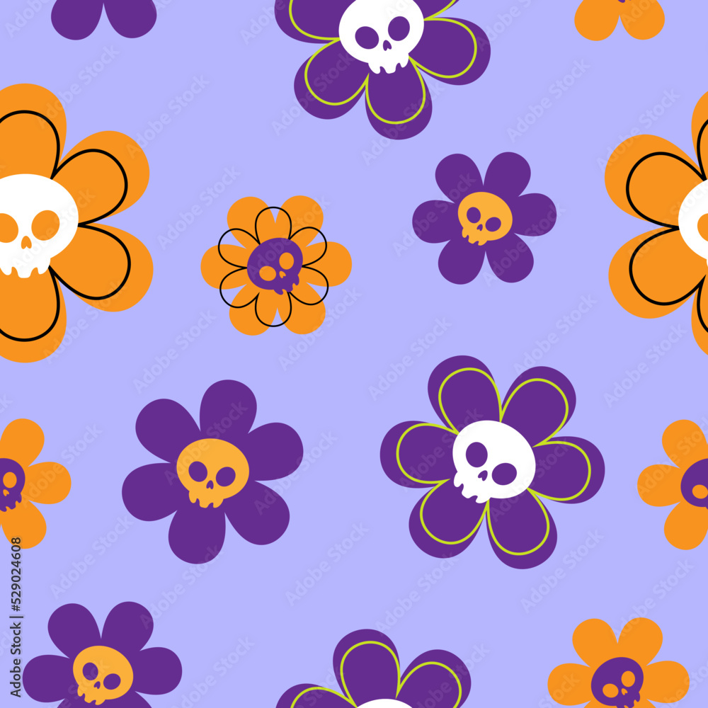 Happy Halloween. Funny Vector Illustration with Creepy Dead Flowers. Cute Hand Drawn Flowers with Skull Face on a Violet Background.