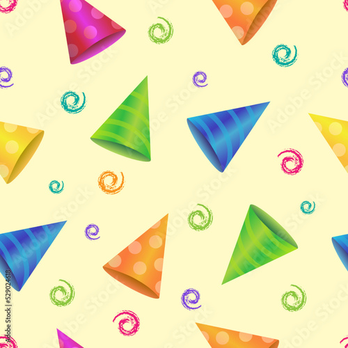 Seamless Pattern with Party Hats. Funny birthday background concept with birthday hats and confetti.
