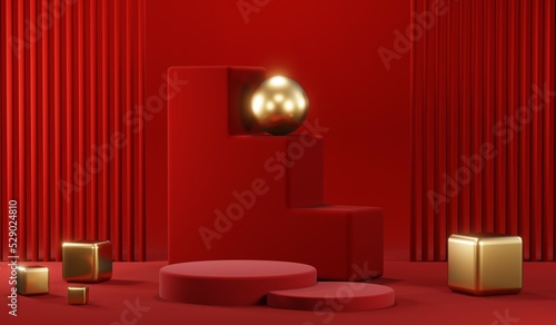 3D rendering of blank product background for cream cosmetics Modern red podium background