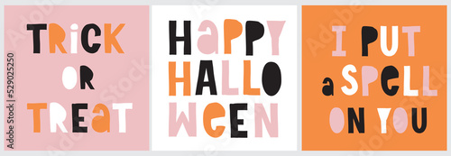 Halloween Party Vector Illustrations on a White, Pink and Orange Background. Handwritten Happy Hallowen. Trick or Treat. I Put a Spell on You. Halloween Prints ideal for Card, Poster, Wall Art.