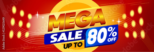 Mega sale 80 percent off promotional banner discount with elements and red background