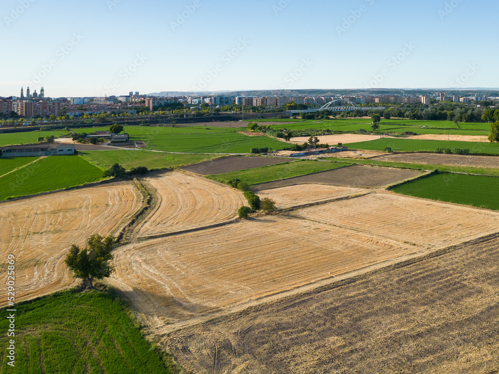 Aerial view of agricultural landscape with the Basilica of Pilar