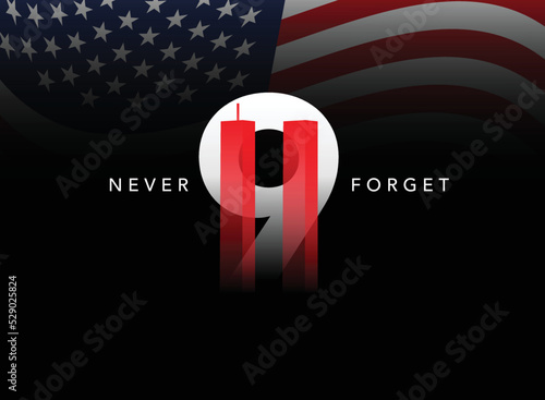 USA Patriot Day 9.11 Never Forget September 11, 2001 vector conceptual illustration. Patriot Day USA poster or banner. Black background, red, blue colors
