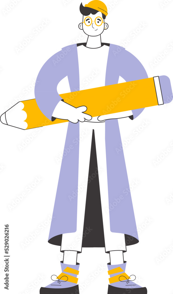 The man is holding a pencil. Line art style. Isolated on white background. Vector illustration. The man is holding a pencil. Line art style. Isolated on white background. Vector illustration.
