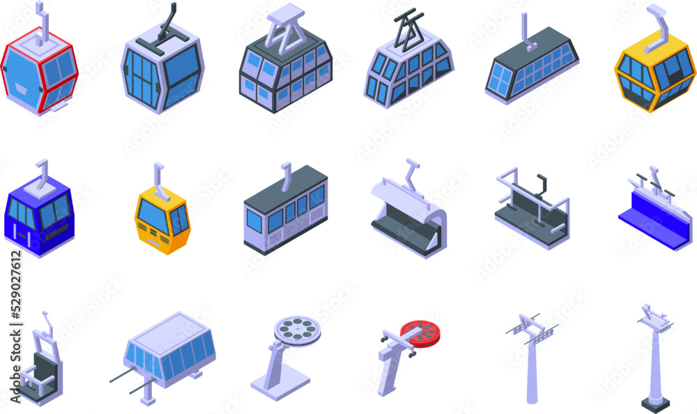 Ski lift icons set isometric vector. Resort slope. Winter hill Ski lift icons set isometric vector. Resort slope. Winter hill