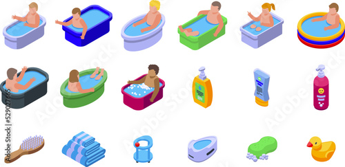 Bathing a baby icons set isometric vector. Newborn infant. Bath mother