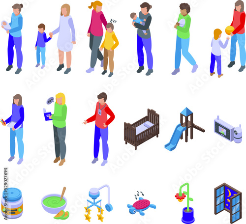 Night babysitting icons set isometric vector. Baby nanny. Service sleep