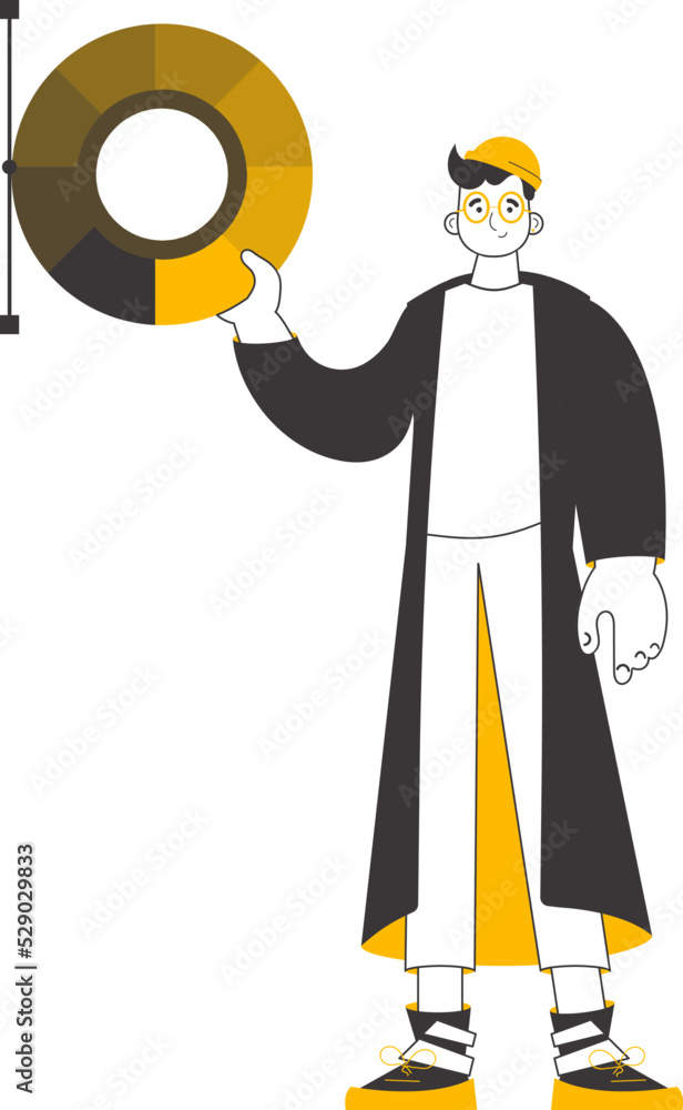 The designer guy holds a color wheel in his hands. Lines modern style. Isolated. Vector.