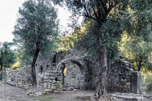The ruins of buildings of the ancient city of Olympos (Olympus). Cirali beach, Antalya region, Turkey.