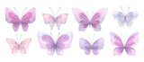 A set of delicate cute pink and lilac butterflies. Watercolor illustration. Isolated objects on a white background. For decoration, design of romantic, wedding events, children's and women's textiles