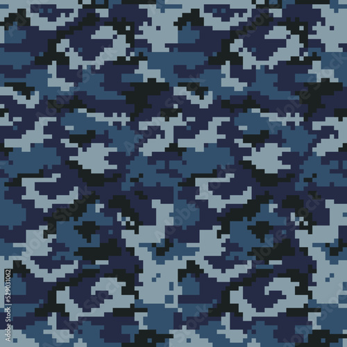 Blue pixel camouflage background, military disguise texture, digital template.