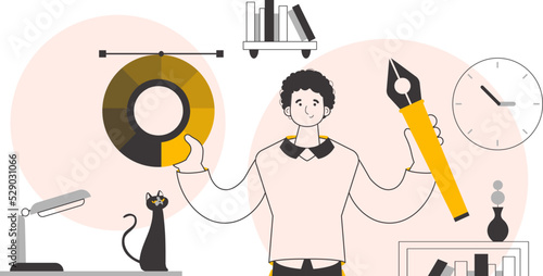 The designer guy holds a color wheel in his hands. Linear trendy style. Vector illustration.