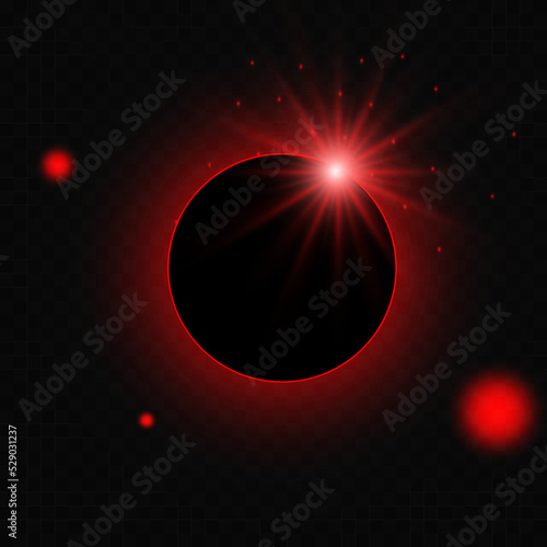 Red solar eclipse with glitter and dust isolated on transparent background. The phenomenon of a total solar eclipse. Vector illustration.