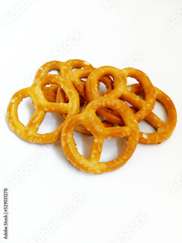 Salted pretzels on a white background