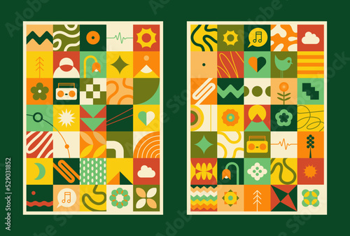 Geometric and autumnal composition with natural and abstract elements for posters, postcards and prints