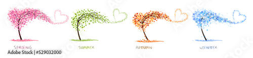 Abstract four stylized trees with colorful leaves, snowflakes, hearts and heart shaped flowers representing different seasons: spring, summer, autumn, winter. Vector.