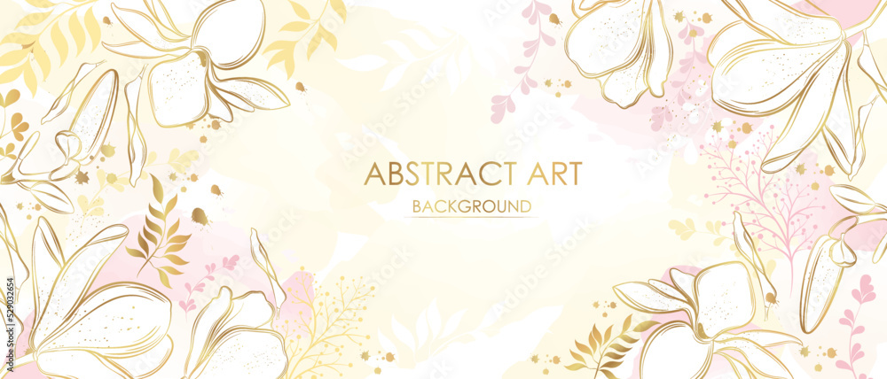Vector poster with golden plants and flowers on a watercolor background. Abstract background.	