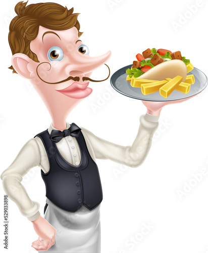 Cartoon Waiter Butler Holdi...