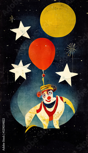 Vintage poster of a circus  vintage and old school  old style with big top  clown  star and balloons in a night  show for children
