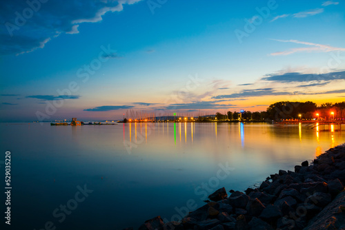 Beach of Balatonkenese at night in Hungary