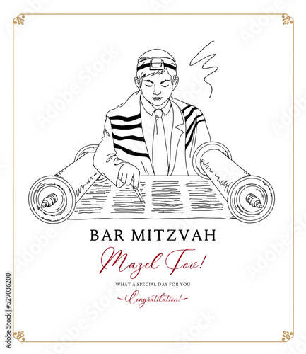 Jewish  boy reading Torah scroll on Bar Mitzvah ceremony. Hand drawing vector illustration.
