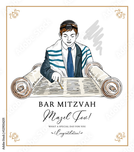 Jewish  boy reading Torah scroll on Bar Mitzvah ceremony. Hand drawing vector illustration.
