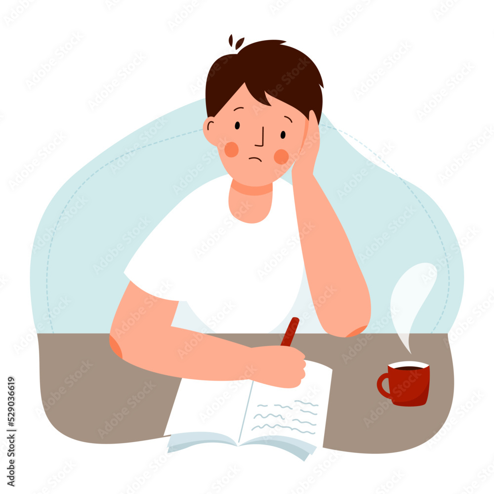 The schoolboy does difficult homework. The student is engaged, learning difficulties. 