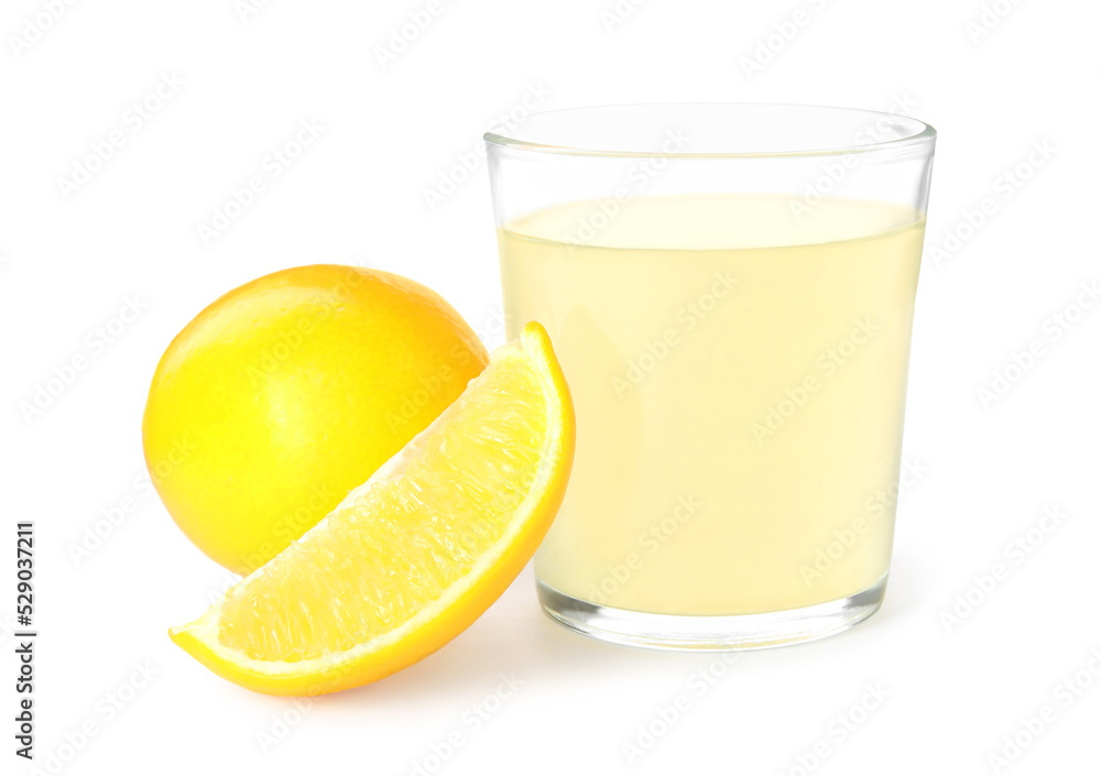 Freshly squeezed juice and lemons on white background Freshly squeezed juice and lemons on white background