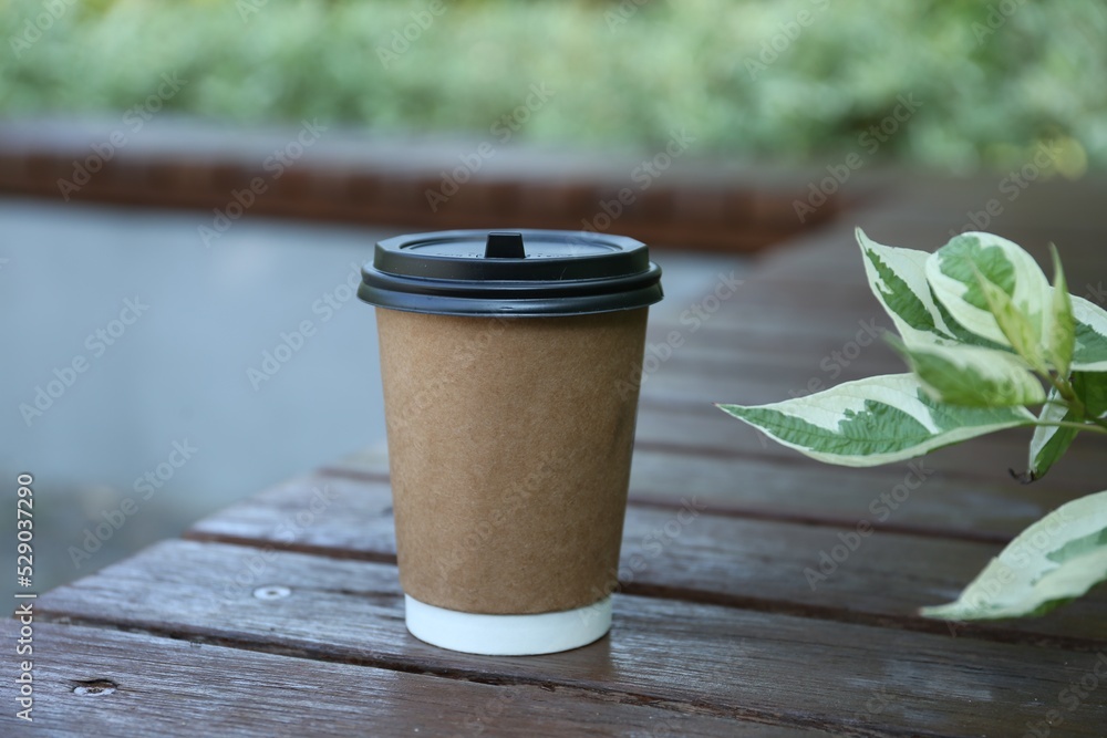 Paper cup on wooden bench outdoors. Takeaway drink Paper cup on wooden bench outdoors. Takeaway drink