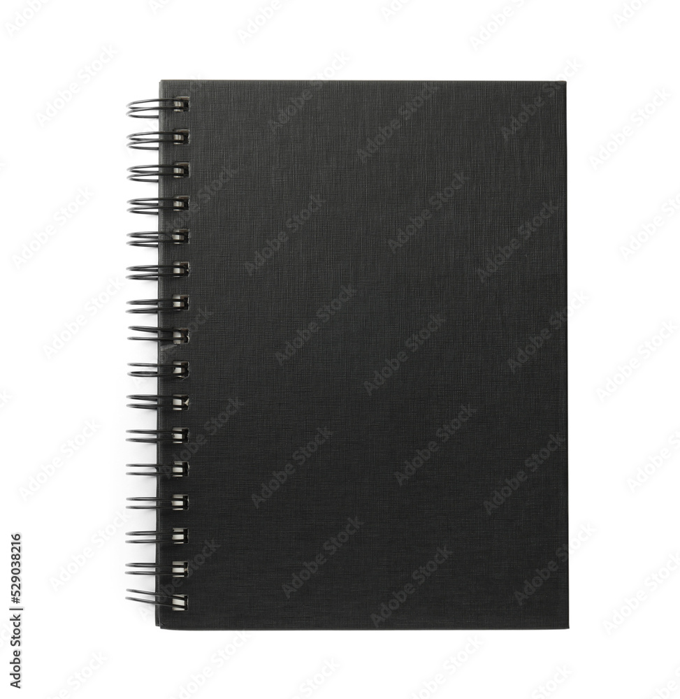 Closed black office notebook isolated on white, top view Closed black office notebook isolated on white, top view