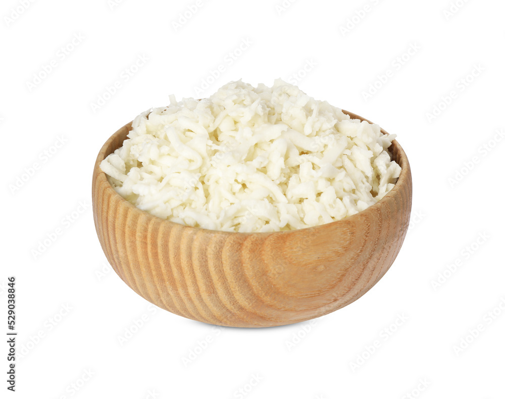 Wooden bowl with delicious mozzarella cheese on white background Wooden bowl with delicious mozzarella cheese on white background