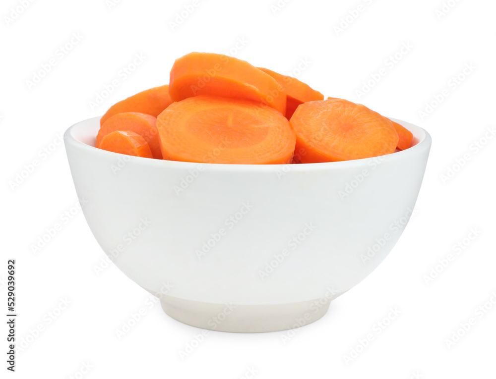Bowl with tasty cut carrots isolated on white Bowl with tasty cut carrots isolated on white