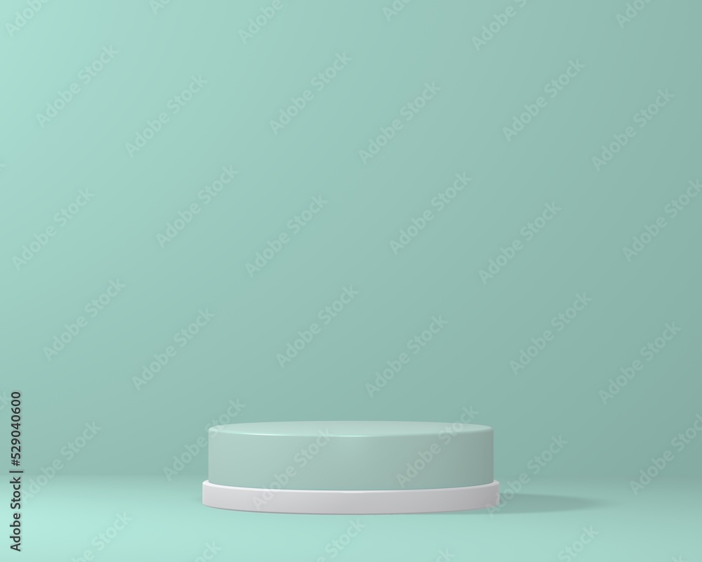 Empty minimalistic turquoise podium with white rim in studio lighting. A single cylinder on a turquoise background. 3d render Empty minimalistic turquoise podium with white rim in studio lighting. A single cylinder on a turquoise background. 3d render