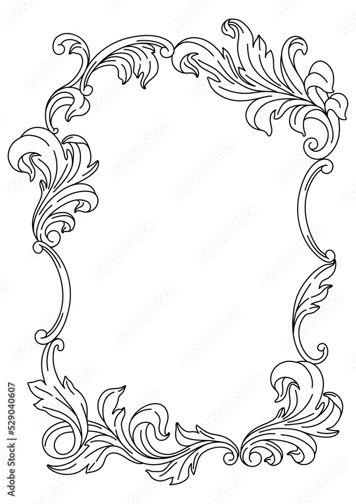 Decorative floral frame in baroque style. Engraved black curling plant.