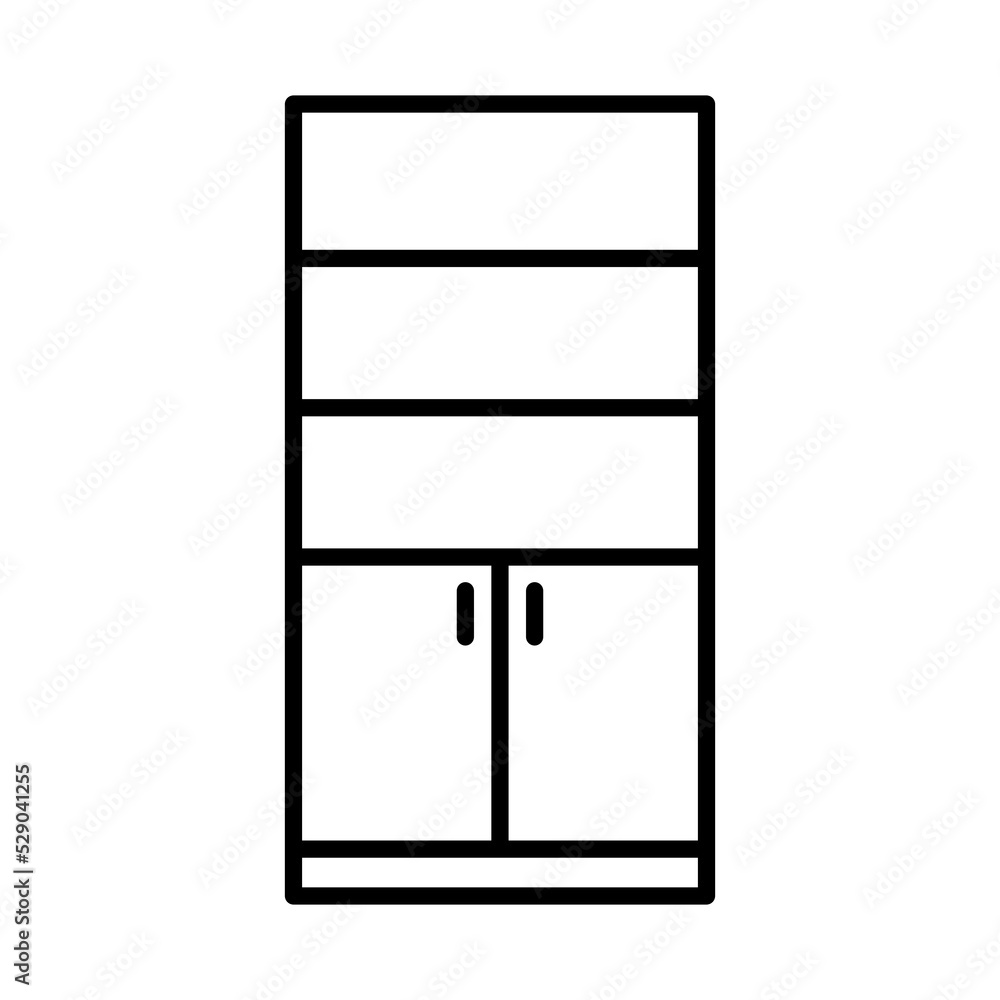 Bookcase icon. Cupboard. Black contour linear silhouette. Front view. Editable strokes. Vector simple flat graphic illustration. Isolated object on a white background. Isolate. Bookcase icon. Cupboard. Black contour linear silhouette. Front view. Editable strokes. Vector simple flat graphic illustration. Isolated object on a white background. Isolate.