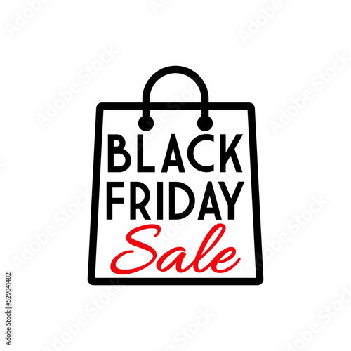 Cartel de venta con texto Black Friday con palabra manuscrita Sale con bolsa de la compra líneal aislada