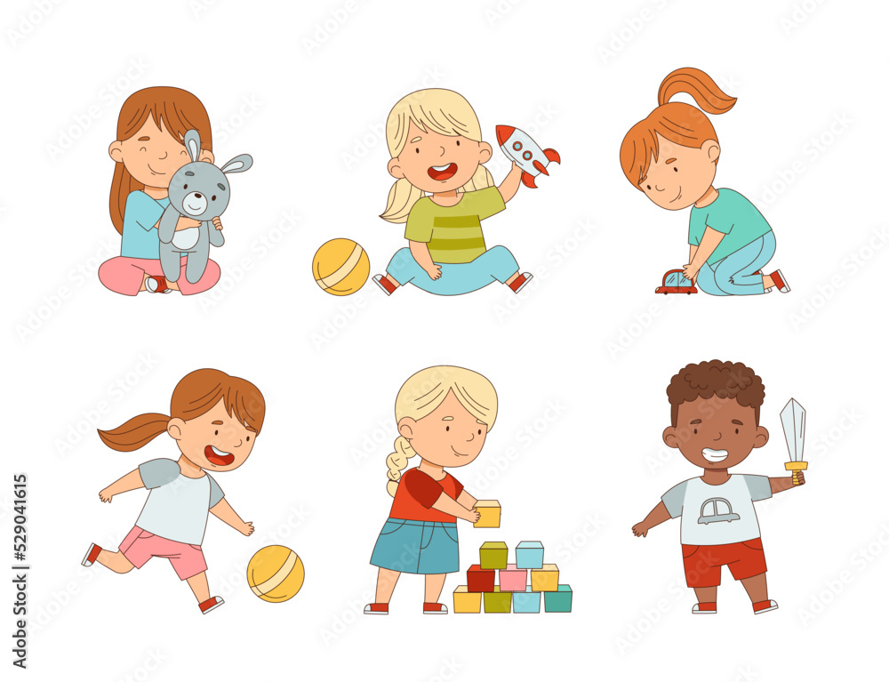 Happy Kids Playing Different Toys in the Nursery or Playroom Vector Set Happy Kids Playing Different Toys in the Nursery or Playroom Vector Set