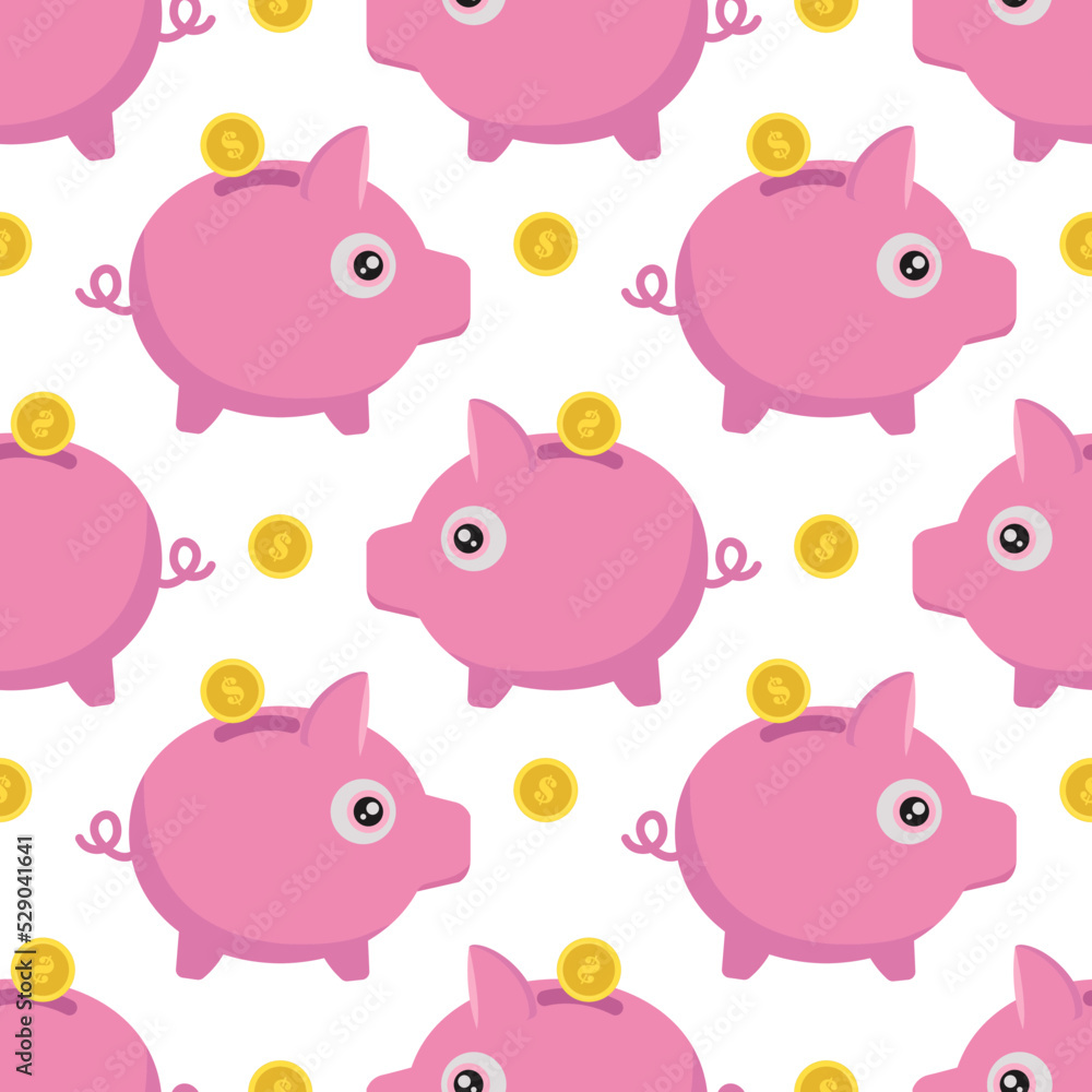 A piggy bank icon in a flat style, highlighted on a white background. Vector illustration with seamless pattern.A set of piggy banks. Making money, saving, investing, business advertising. A piggy bank icon in a flat style, highlighted on a white background. Vector illustration with seamless pattern.A set of piggy banks. Making money, saving, investing, business advertising.