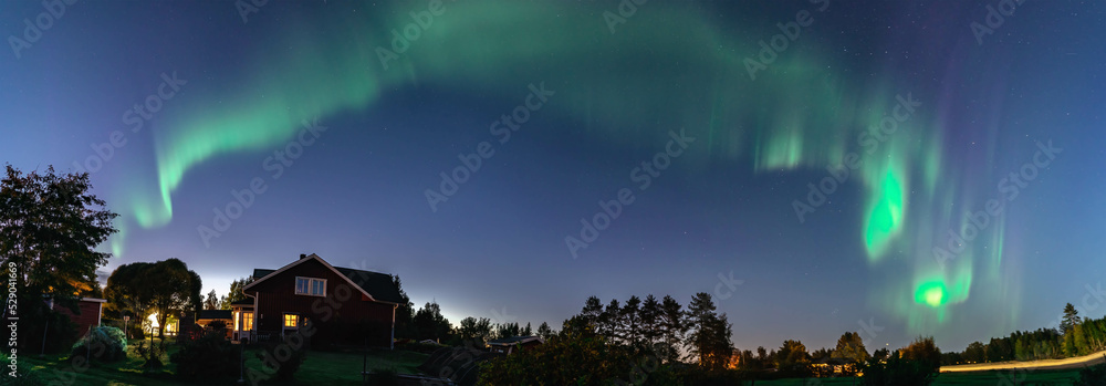 Panorama of dancing Northern lights Aurora borealis in autumn over northern horizon of countryside near Umea town, Sweden, early dawn