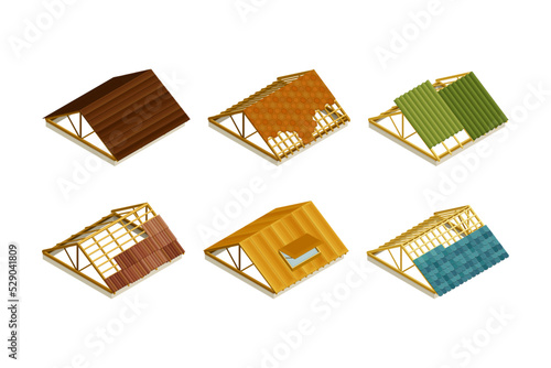 Roof as House Top Covering and Part of Building Envelope Isometric Vector Set