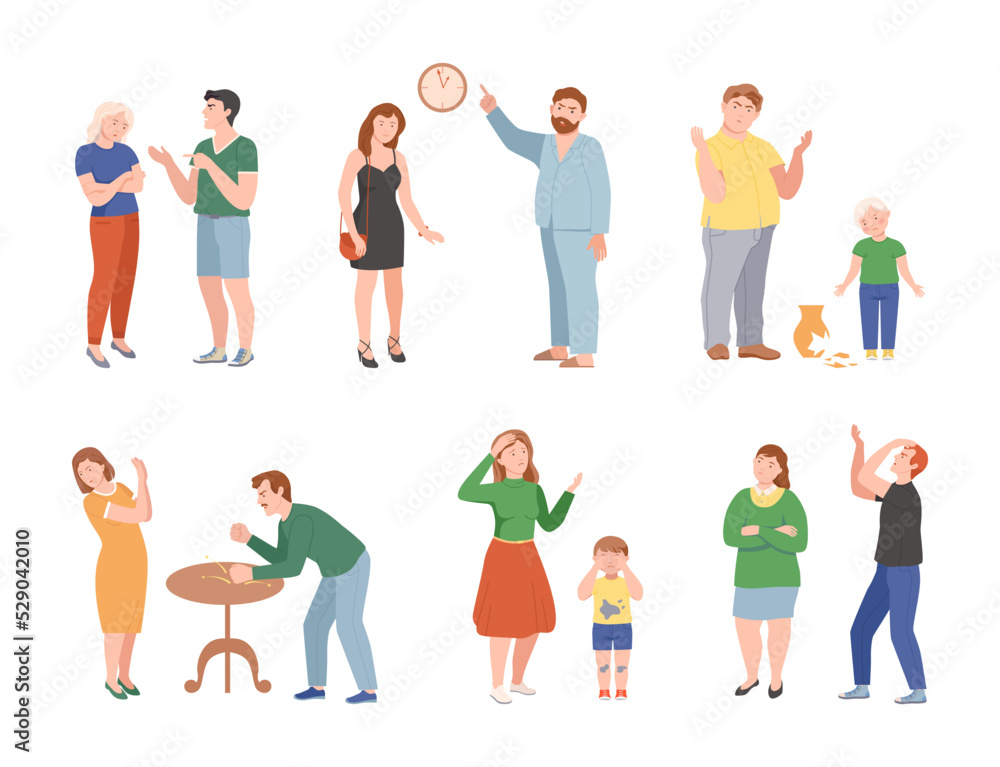 Annoyed Parents Arguing and Having Quarrel Scolding Their Kids for Disobedience and Bad Behavior Vector Illustration Set Annoyed Parents Arguing and Having Quarrel Scolding Their Kids for Disobedience and Bad Behavior Vector Illustration Set