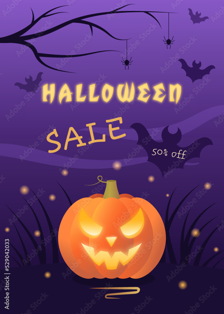 Halloween sale flyer template with pumpkin jack-o-lantern, bat, spider and fog. Vector illustration.