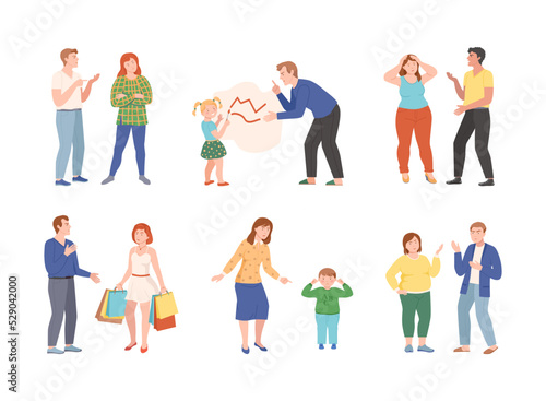 Annoyed Parents Arguing and Having Quarrel Scolding Their Kids for Disobedience and Bad Behavior Vector Illustration Set